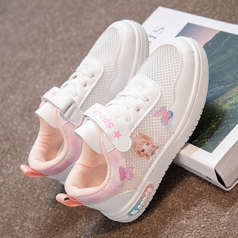 Детские кроссовки, дышащие кроссовки для девочек, весенне-летние новые студенческие белые туфли, милая повседневная обувь для девочек с мягкой подошвой