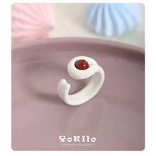 YOK 简约时尚百搭款红玛瑙白色滴油开口戒指小众高级感冷珐琅饰品