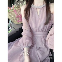 2025年新作 フレンチスタイル 優しい雰囲気 ウエストシェイプ ネックラインワンピース 女性らしい初恋少女風 甘い紫色