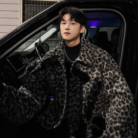 25春季小香风豹纹厚外套男款韩版慵懒风毛呢夹克短款cleanfit大衣