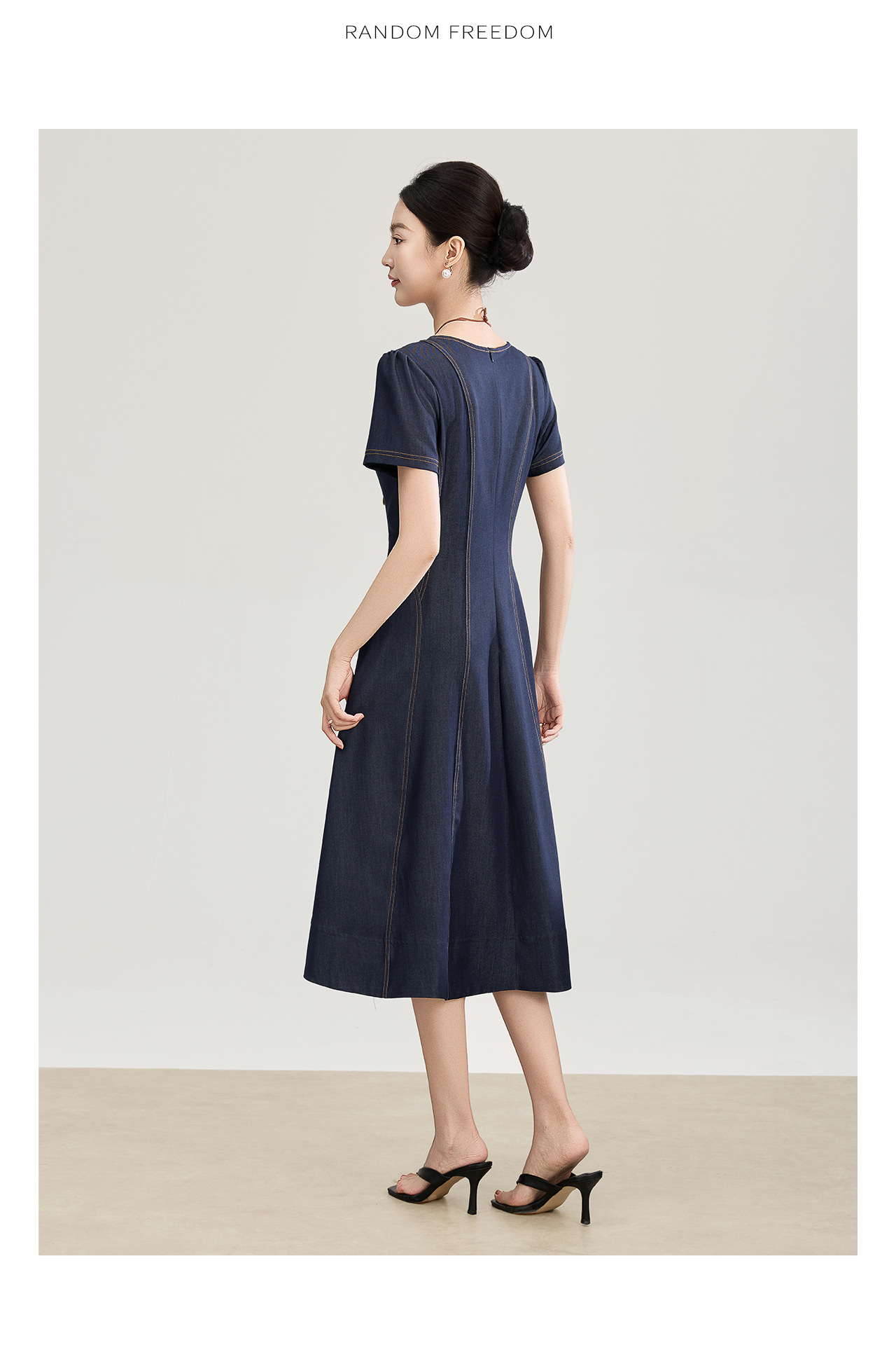 Đầm denim nữ tay ngắn thắt eo phong cách vintage chất liệu tencel cotton thoáng mát — màu xanh đậm chi tiết 15