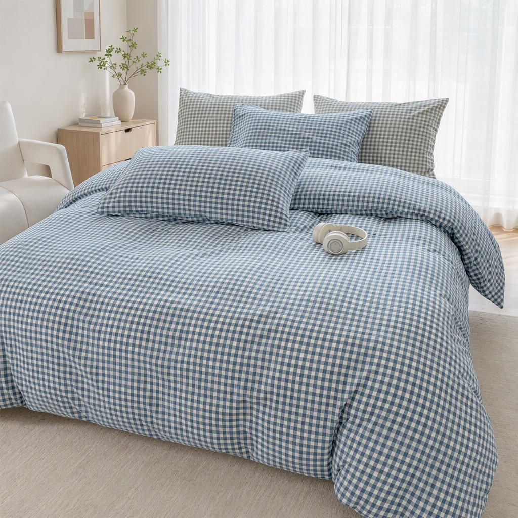 Foreign trade, cross-border, pure cotton, washed cotton, ISN, fresh and simple plaid bedding set (includes duvet cover and pillowcases)