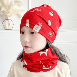 Spring and Autumn new single-layer children's hat scarf two-piece set baby pure cotton windproof ear protection pullover cap neck protection cover neck