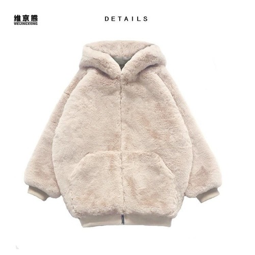 Korean style plush imitation fur coat for women mid-length 2022 winter cocoon zipper imitation rabbit fur hooded coat wide