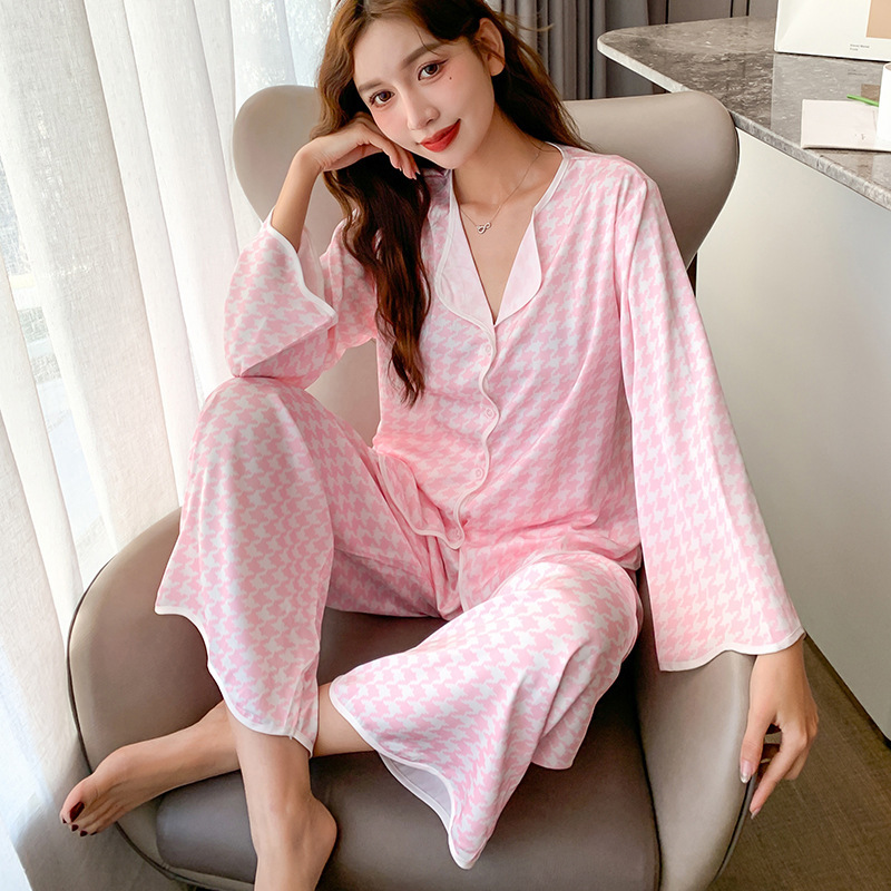 New wave edge houndstooth printing suit spring and autumn Ice Silk women's pajamas long-sleeved trousers home wear two-piece suit