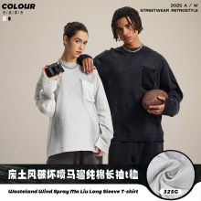 链潮男装|2025秋冬新品废土风长袖男破坏喷马骝纯棉情侣t恤无性别