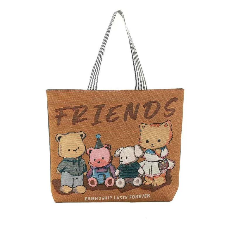 Wholesale Casual Canvas Bag Embroidered Pattern Large Capacity Shoulder Bag Portable Cartoon Shopping Bag Tote Bag Handbag