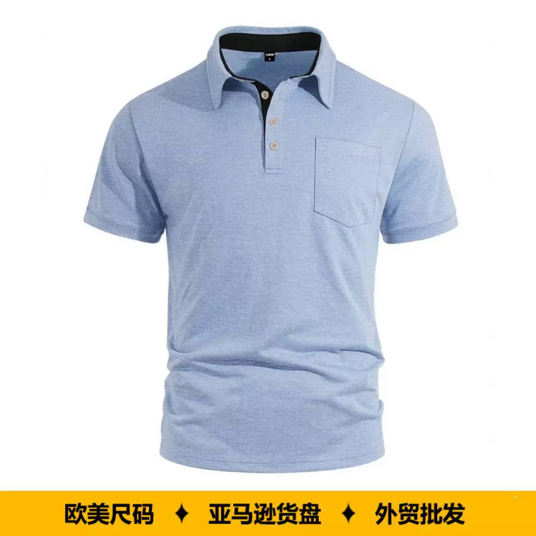 跨境欧美亚马逊春夏季男士翻领口袋纯色商务休闲短袖宽松POLO衫男