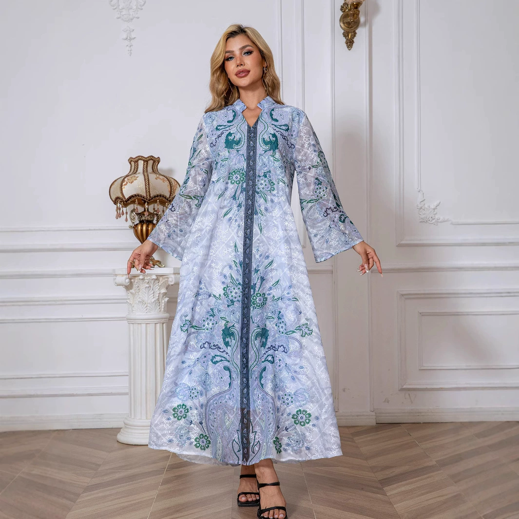 241103 Легкий шифоновый мусульманский халат с воротником-стойкой, женский элегантный халат, трансграничный Ближний Восток
