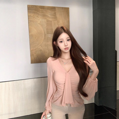 温柔风粉色v领长袖T恤女秋季弹力修身打底衫纯欲小众显瘦绝美上衣