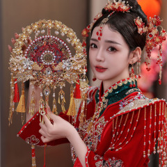 レッドレースブライダルウェディングXiuhe服扇子新中国風両面DIYフェイスカバーレッド完成品ウェディングファン9255