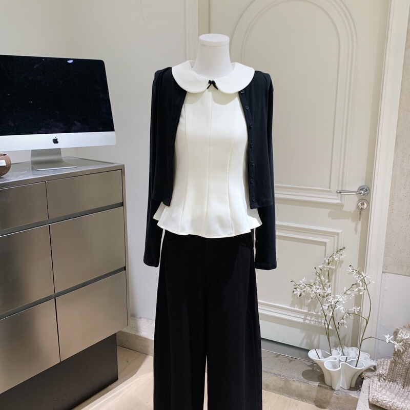 白色娃娃领背心女秋季开衫西裤休闲甜美千金三件套套装|undefined