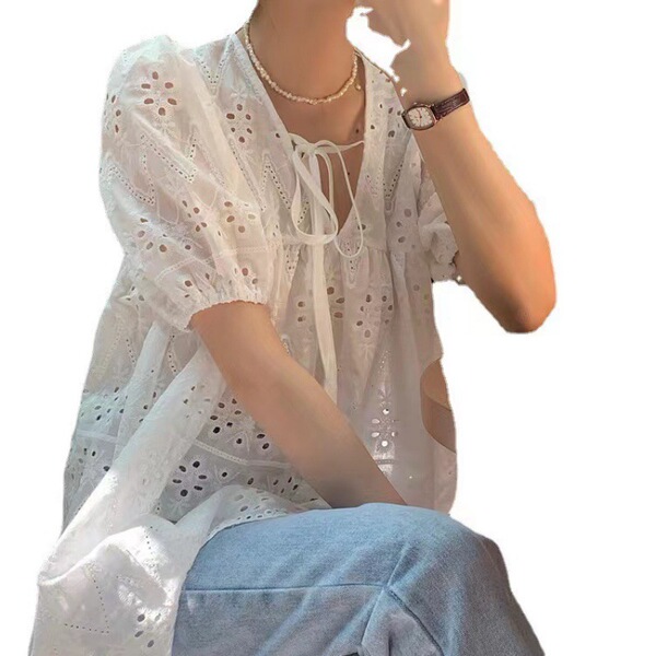 White design lace silk summer shirt