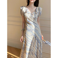 2025 新しい夏のスタイルフレンチバイアスカット藤の花蓮の葉襟プリント気質ロングドレススリムパフスリーブ