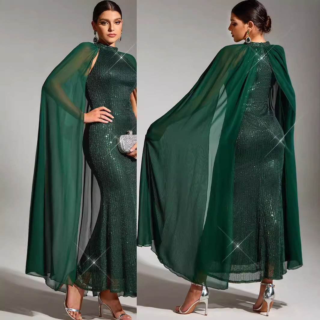 AliExpress Amazon European and American Foreign Trade Cross-border Women's Ball Evening Dress Sexy Chiffon Stitching Sequin dress