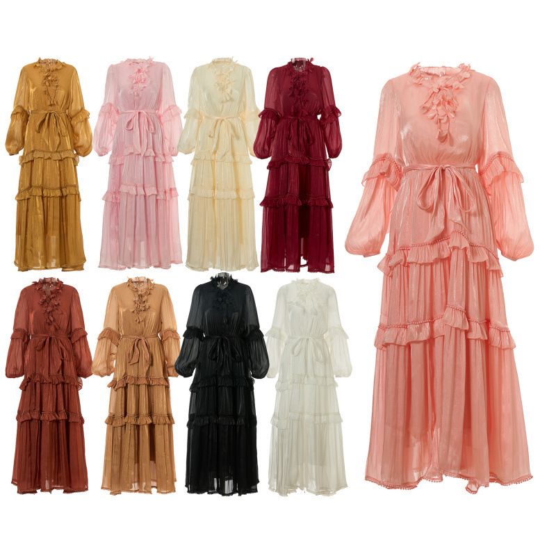 2026 New Holiday Style Lace-Up Stand Collar Multi-Layered Pearl Ruffle Large Hem Solid Color Long Dress 2026 New Holiday Style Lace-Up Stand Collar Multi-Layered Pearl Ruffle Large Hem Solid Color Long Dress
