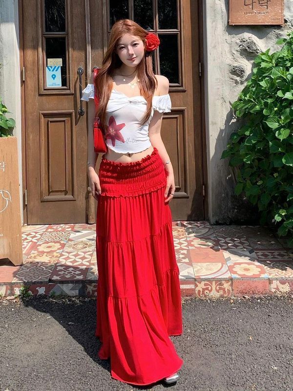 套装女2025夏季新款纯欲甜辣一字肩修身上衣+高腰显瘦长款半身裙|undefined