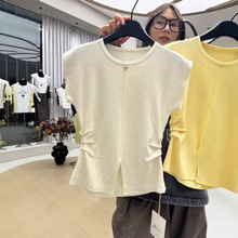 韩系简约开叉针织衫T恤女薄2025新款春季设计感修身短袖褶皱上衣