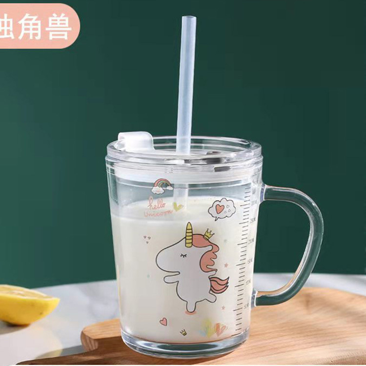 Home Children Straw Water Cup Glass Cup Baby Drinking Cup with Lid Sealed Milk Cup with Graduations Breakfast Cup Measuring Cup