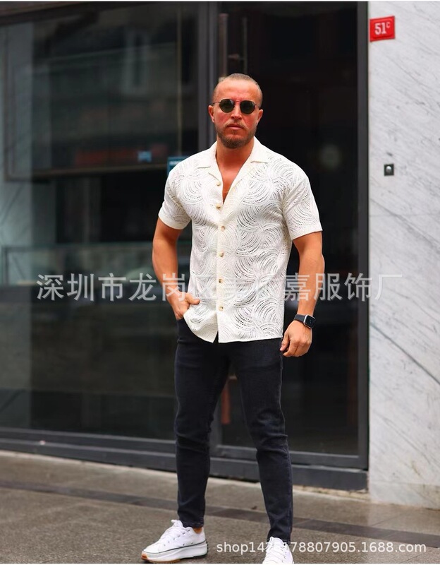 Amazon Street Popular Men's Lace Shirt Short Sleeve Transparent Button Holiday Hollow See-Through Shirt