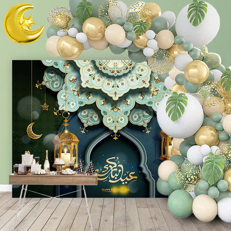 Cross-Border New Middle Eastern Festival White and Green Balloon Chain Set Festival Party Background Cloth Moon Decorative Balloons