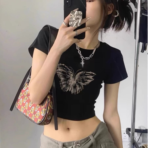 French sweet babes short short-sleeved t-shirt women's new style unique and chic slim design beautiful waist top
