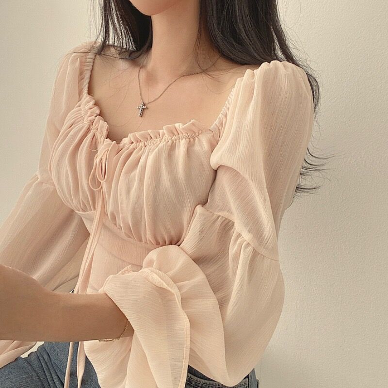 Dongdaemun Korean High-End Niche Fungus Lace-Up Square Collar Waist Trumpet Sleeve Chiffon Shirt Short Shirt for Women