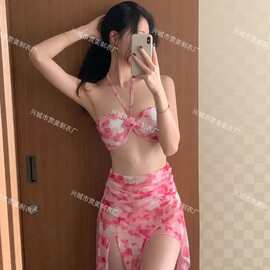 新款挂脖长裙超仙海边度假比基尼泳衣三件套遮肉高级感温泉泳装女