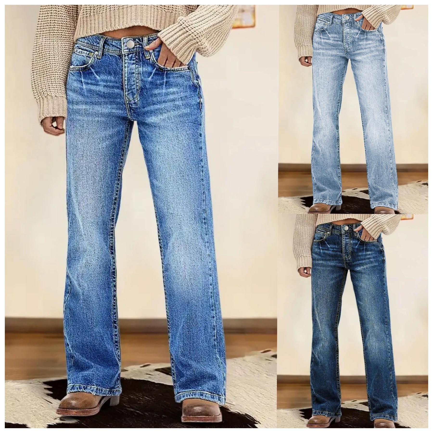Jeans de Pierna Ancha para Mujer de Mezclilla de Algodón, Tiro Alto, Corte Relajado, Microelástico, para Uso Diario image 1