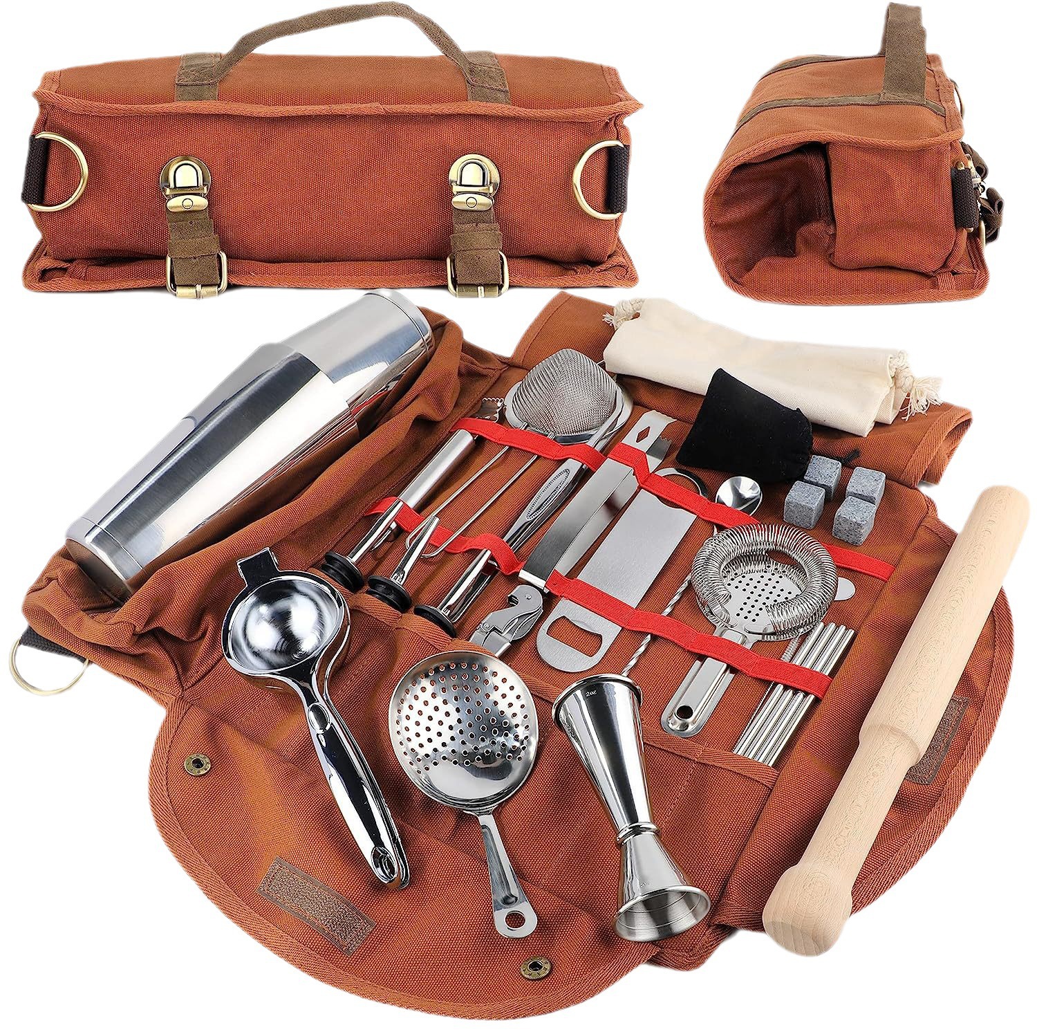 Cocktail Kit acampar al aire libre portátil lienzo Kit de un solo hombro bartender herramienta bolsa de almacenamiento de una sola pieza de entrega