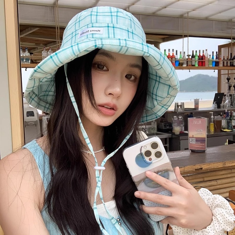 春と夏の新しいチェック柄旅行日焼け止め漁師帽子女性のための 2025 新しい小さな新鮮な顔が見える小さな日よけ帽子盆地帽子|undefined