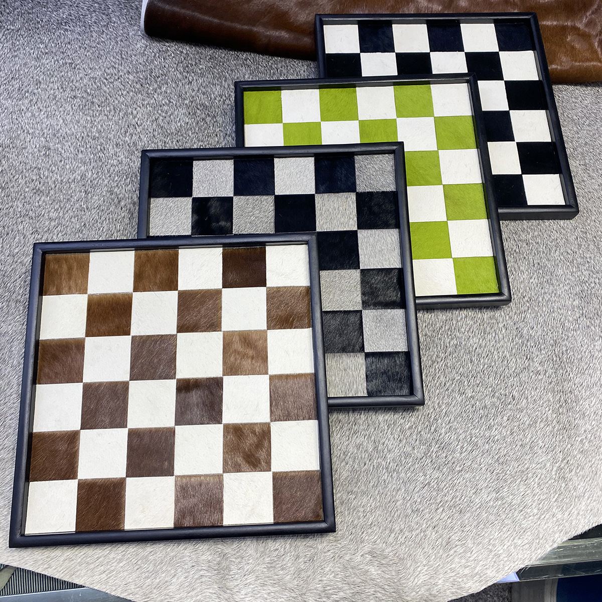 黑白方格棋盘马毛皮托盘 酒店客厅茶几真皮简约收纳托盘饰品摆件