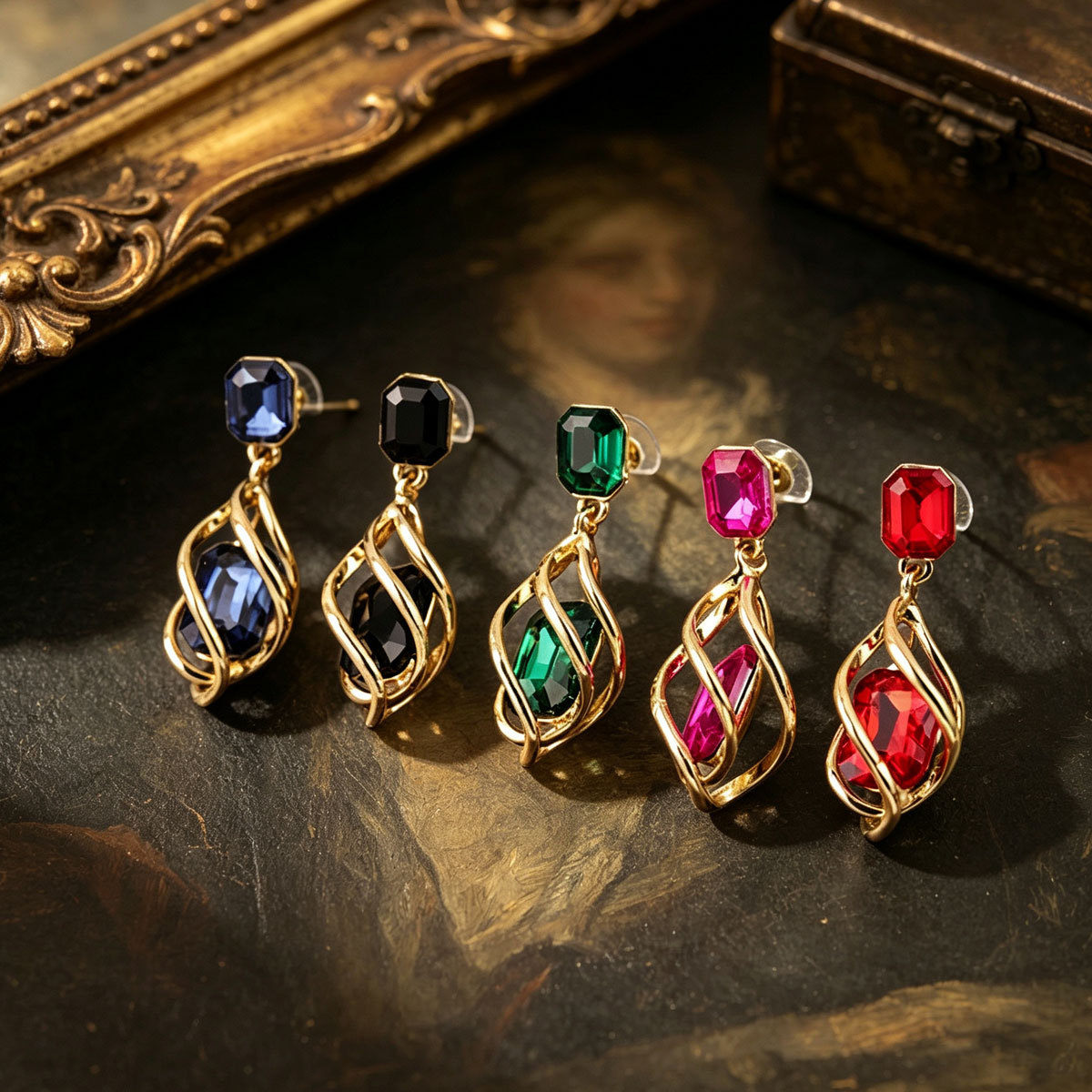 Retro Rhinestone Asymmetrical Earrings European and American Fashion Elegant Stylish Niche High-End Earrings for Women