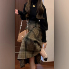 小香风时尚套装女秋冬季新款减龄格纹半身裙黑色上衣一整套穿搭女
