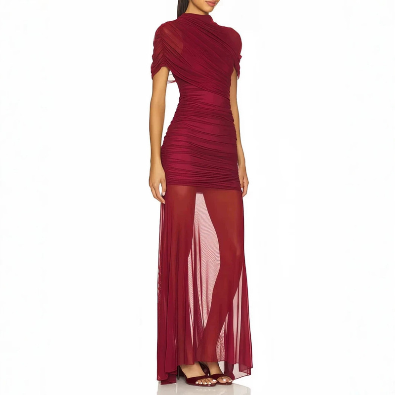 Sexy and Elegant High-Neck Sheer Evening Gown with Pleats, Slim-Fit Celebrity Dress, Popular in Europe and America for Banquets and Weddings