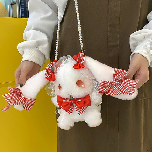 Japanese Lolita cute Lolita shoulder plush bag lace bow strawberry rabbit doll small shoulder bag