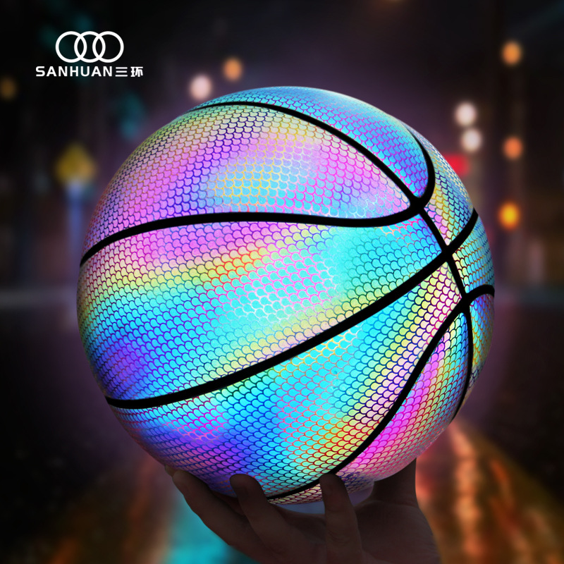 Fabricantes al por mayor baloncesto reflectante de tres anillos No. 7 chatter rojo con luz luminosa luminiscente nocturna bola azul lanqiu