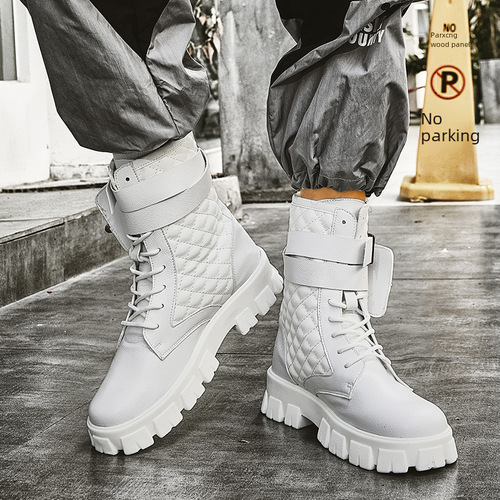 European men's autumn Martin boots, white high-top retro fashion runway style trendy pocket motorbike boots