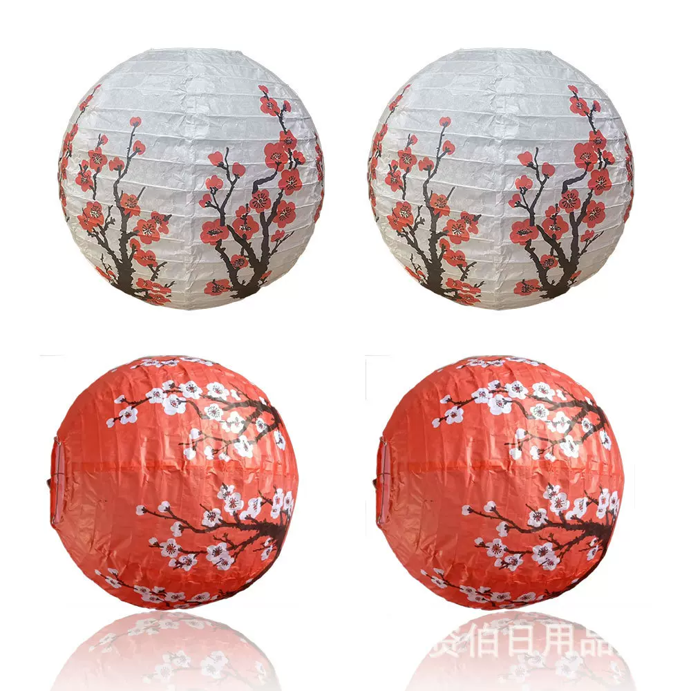 国潮中国风春节古典圆形白红色梅花图案纸灯笼商场店铺场景装饰品