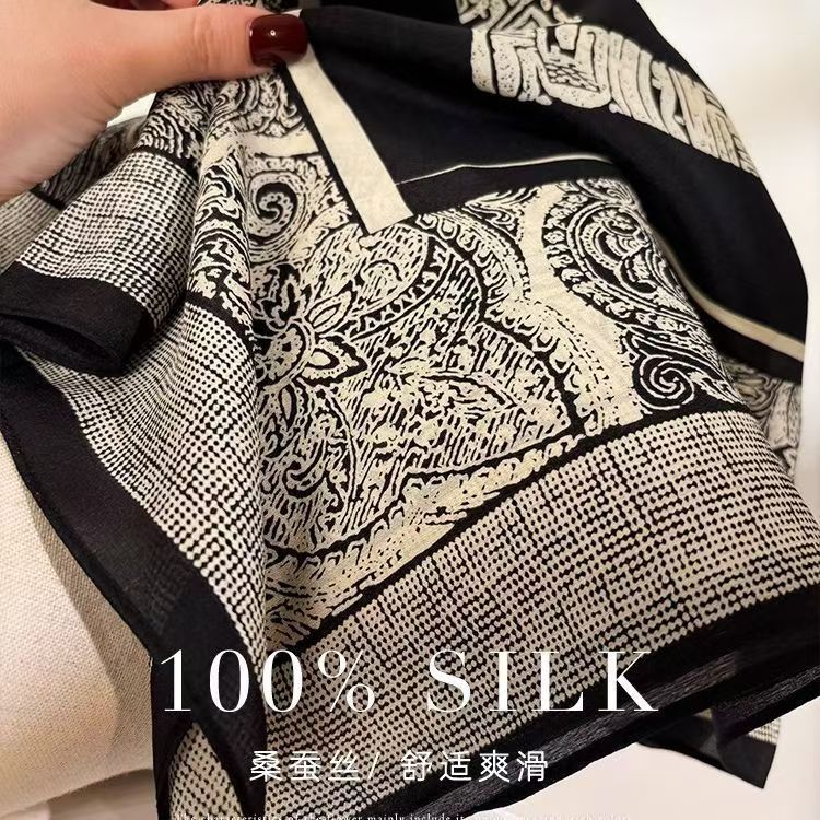 100% マルベリーシルク黒と白のバロック 65 シルククレープデシンスカーフ女性の春、夏、秋のハイエンドレトロシルクスカーフ|undefined
