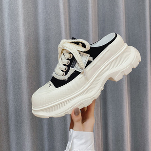Summer 2023 New Style Celebrity Style Women's Thick-soled Slip-on Checkerboard Canvas Torre Shoes Casual Height-increasing Women's Half-Tow