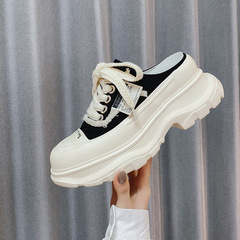 2023夏新款明星同款女厚底一腳蹬棋盤格帆布老爹鞋休閒增高女半拖
