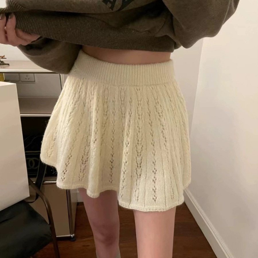 2025秋冬新款高腰垂感显瘦a字百褶甜美镂空毛针织半身短裙子女潮