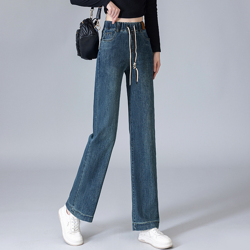 2025 Spring and Autumn New High Waist Straight-Leg Jeans Loose Wide Leg Slim Elastic Elastic Waist Rope Girls Pants