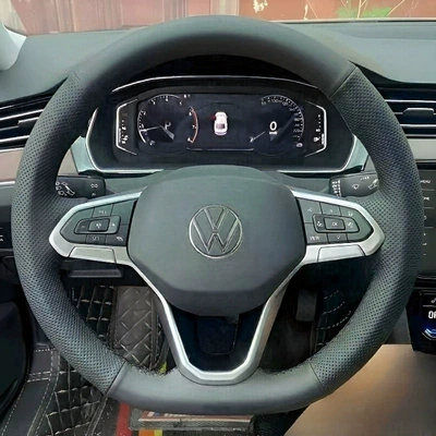 Special for Polo Golf — Steering wheel cover - volkswagen-series-with-holes-on-both-sides-black-leather-hand-stitched-light-blue-thread-38cm