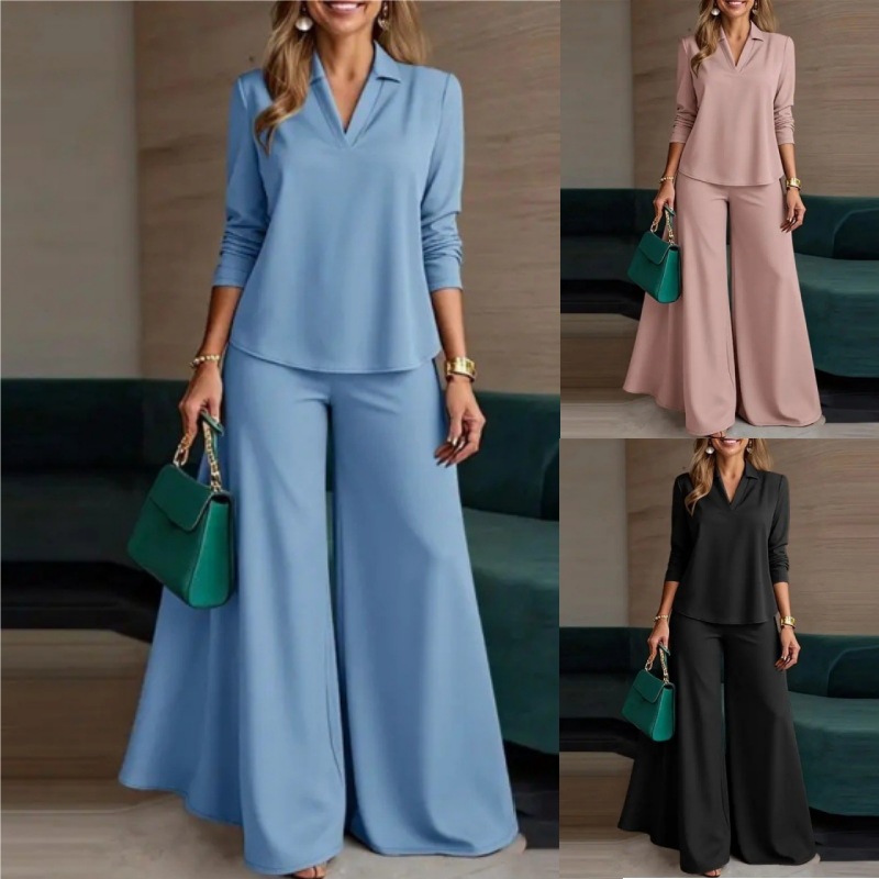 2026 Fashionable Women's Two-Piece Pants Set: Simple V-Neck Long Sleeve Top and Wide-Leg Pants - Women's Business Wear