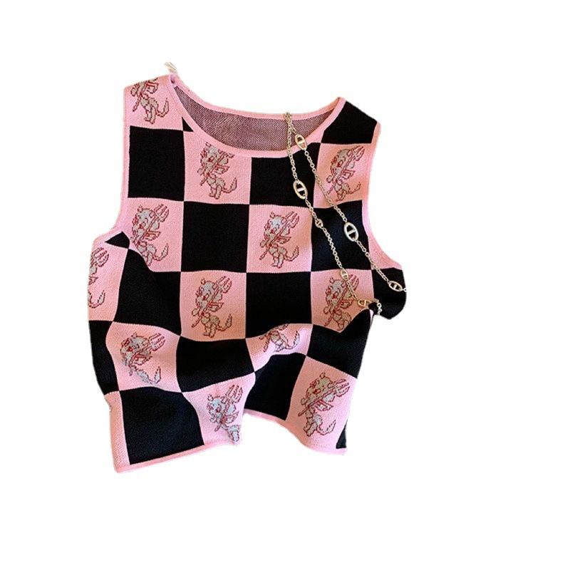 Verano de las muchachas nuevo contraste color tablero a cuadros punto camisola estilo coreano cuello redondo sin mangas dibujos animados moda chaleco