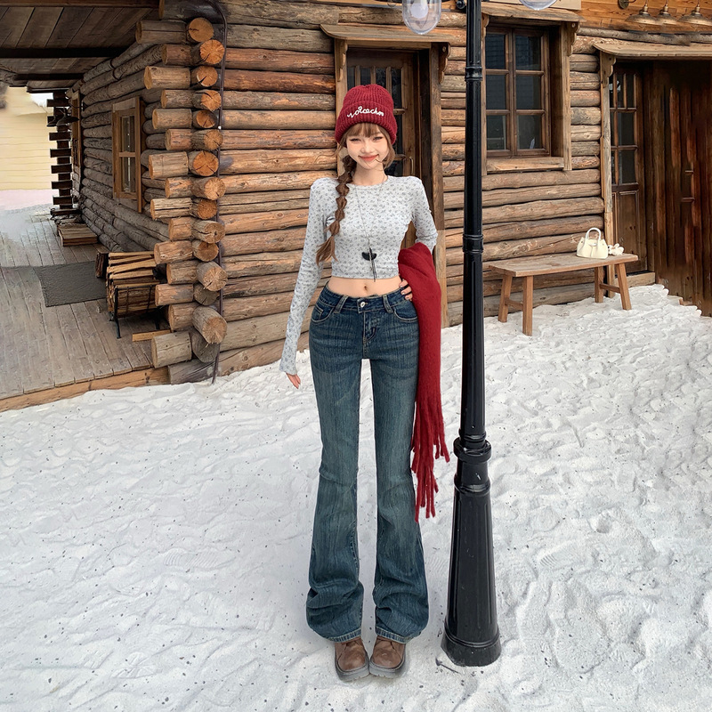 American Retro Low-Waist Flared Pants Slim Fit Versatile Ins Stretchy Autumn and Winter Women's Jeans New Style