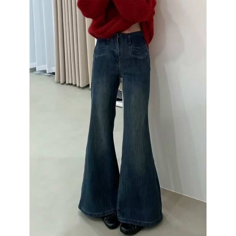 Retro blue design, wide-leg, slightly flared denim pants for women, new summer style, high-waisted, loose fit, slimming effect, and stretchy flared pants