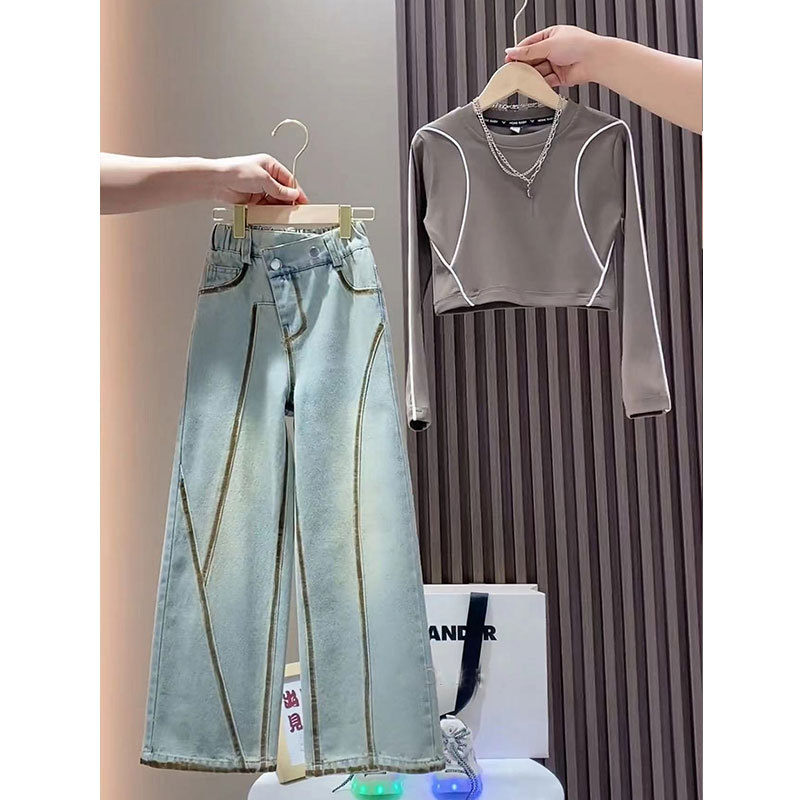 소녀 캐주얼 세트 봄과 가을 새로운 한국식 긴팔 티셔츠 슬리밍 데님 넓은 다리 바지 투피스 세트